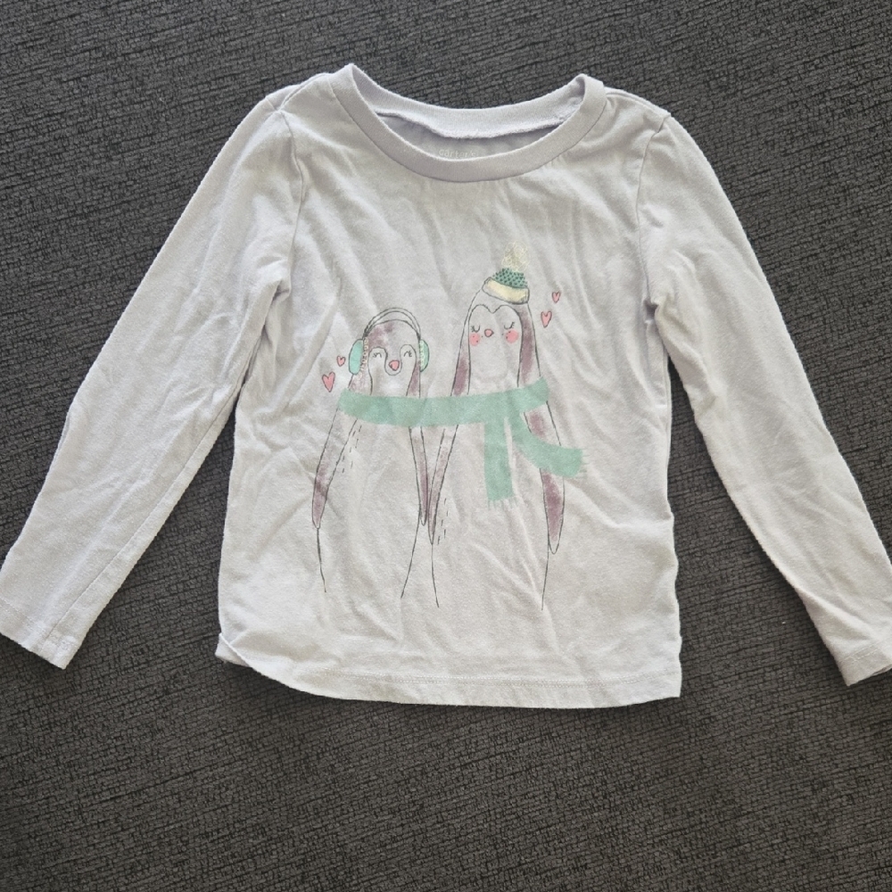 Kids White Long Sleeve Shirt with Penguin Print